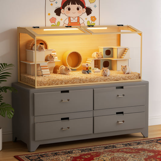 Tempered Glass Hamster Cage with LED Light, 40" Clear Small Animal Enclosure, Modern Wood Frame, Scratch Resistant, Deep Base for Burrowing