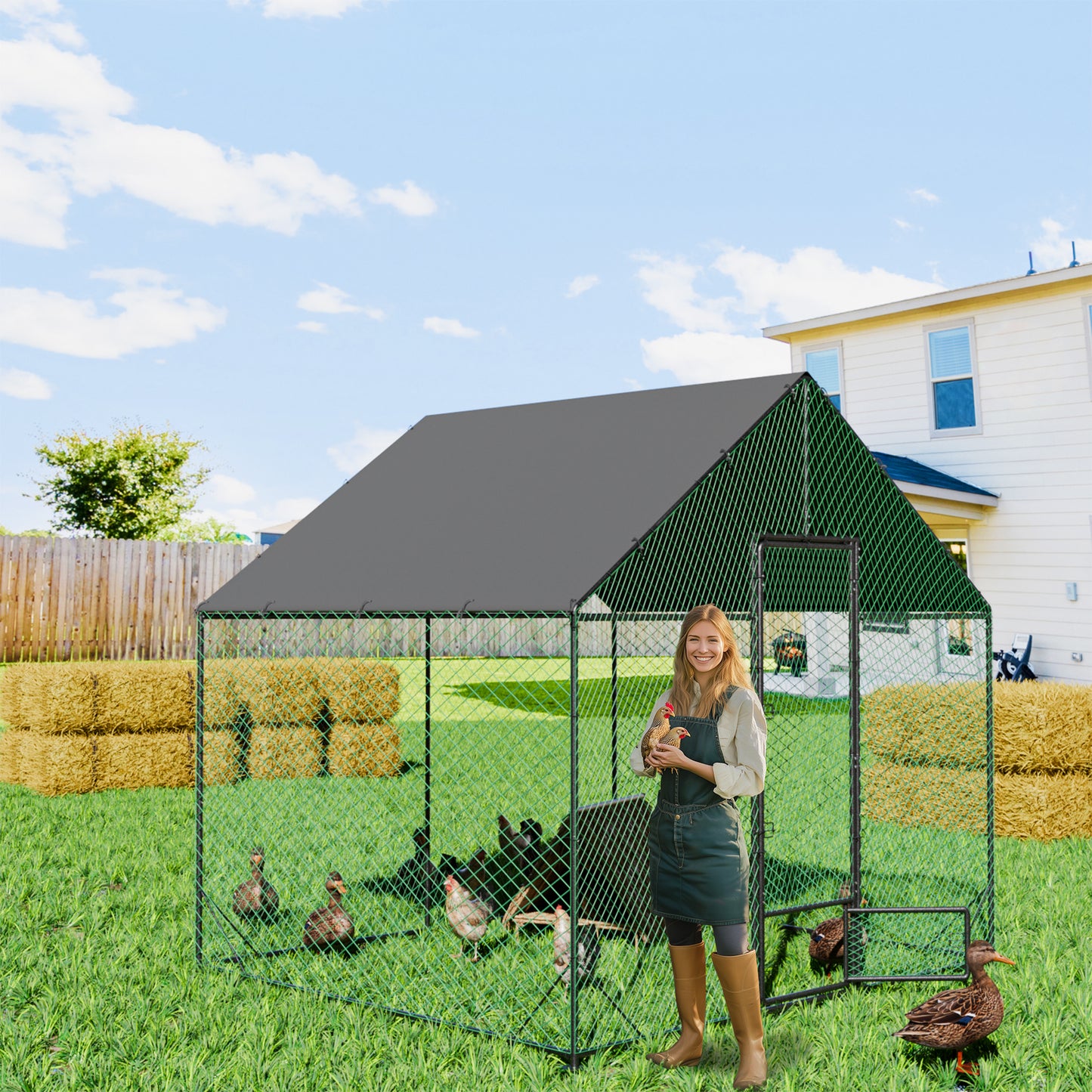 Large Outdoor Chicken Coop: Outdoor Metal Chicken Coop Walk-in Poultry Cage Run Cage with Silver Powder Coating Painted Tubes, Water Resistant Cover for Backyard