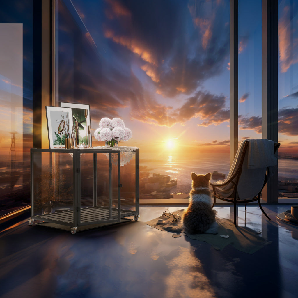 Self-Innovative Dog Cage: Bingopaw First Tempered Glass Dog Pet Cage Dog Kennel Aluminum Frame with Dual Doors and Removable Tray, for Medium to Large Dogs