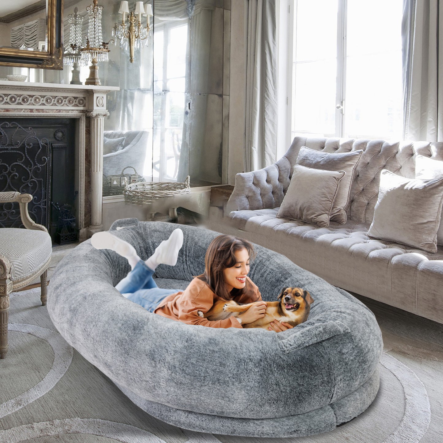 Giant Oval Dog Bed Extra Large Dog Bed for You and Pets Warm Sleeping Bed Grey