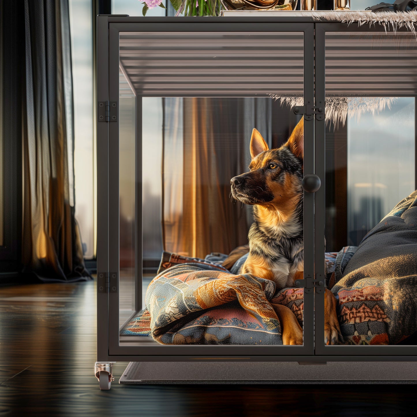 Self-Innovative Dog Cage: Bingopaw First Tempered Glass Dog Pet Cage Dog Kennel Aluminum Frame with Dual Doors and Removable Tray, for Medium to Large Dogs