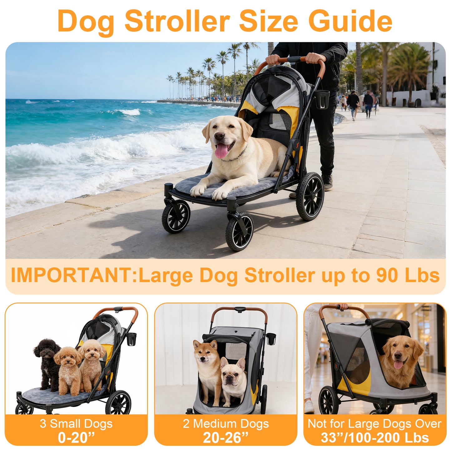Dog Stroller for Medium Dogs up to 42kg, One Click Folding Pet Stroller with Zipper Door, Breathable Mesh, EVA 360° Wheels, Storage Bag, Brak
