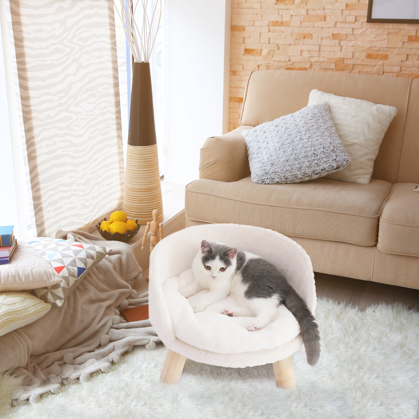 Luxury Pet Soft Warm Bed Wood Legs with Washable Cushion Pad