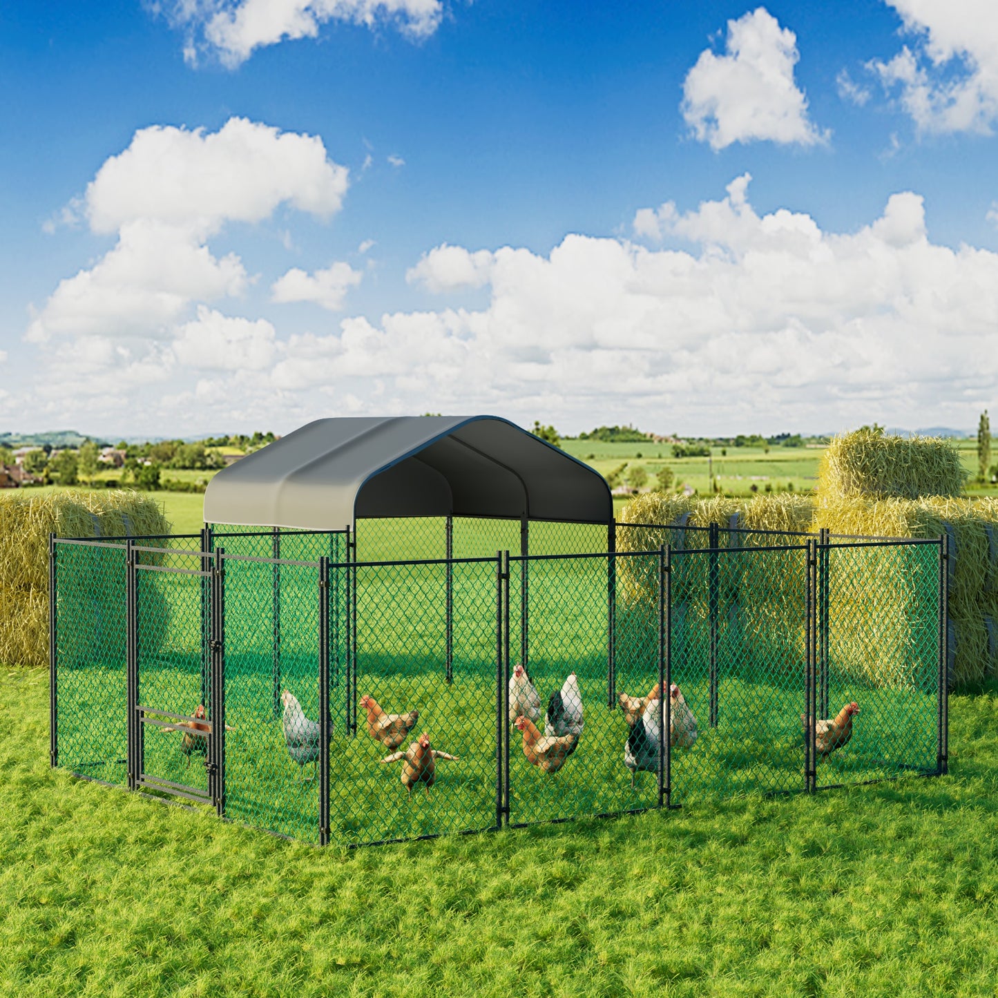 Walk-in Poultry Chicken Coop,Duck Goose Fence with Waterproof and UV Cover,Large Metal Hen House for Outdoor,Farm 12.9x10.2x5.1ft