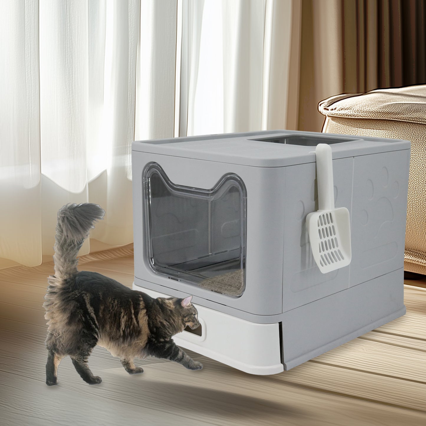 Stainless Steel Cat Litter Box w/ Scoop Enclosed Drawer Litter Box Odorless Gray