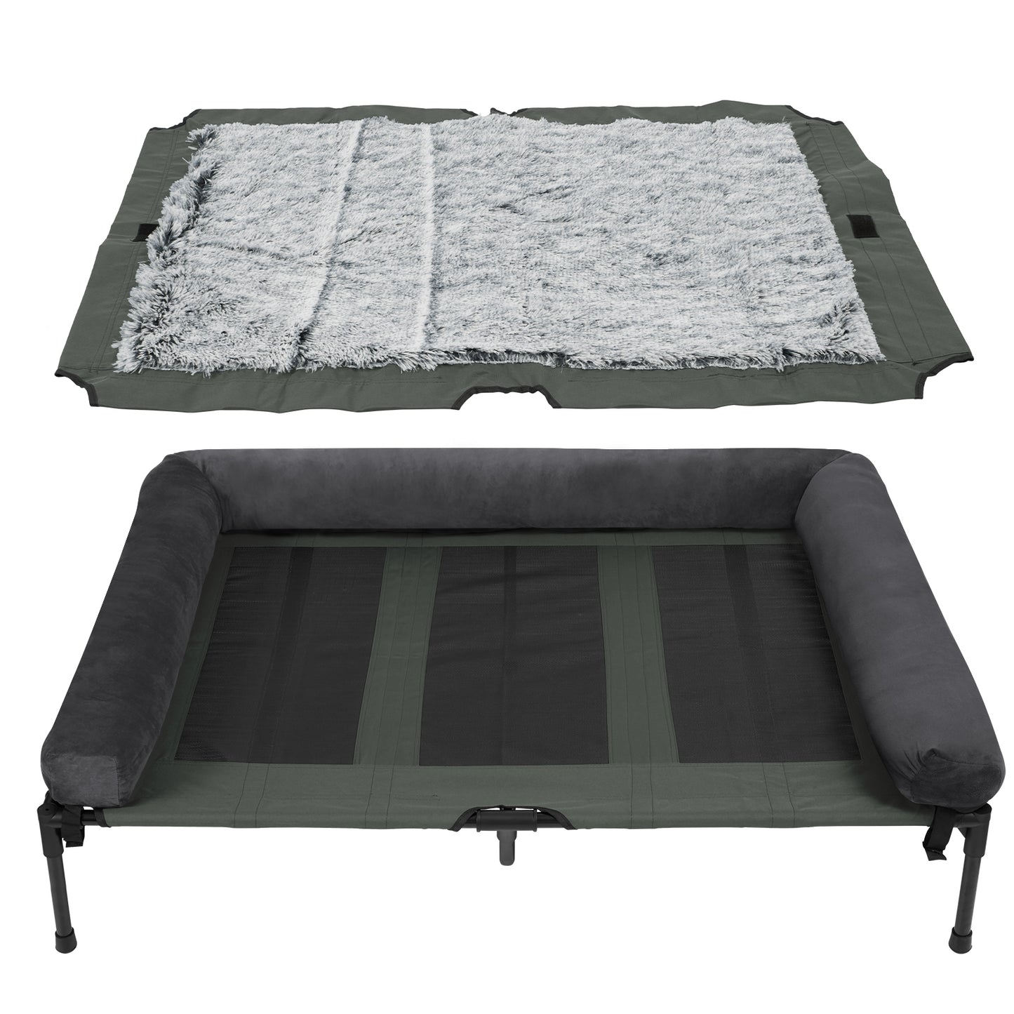 Elevated Dog Bed with Detachable Plush Bolster Outdoor Summer Cooling Raised Dogs Pet Lounger Bed Mesh Cot Bedding