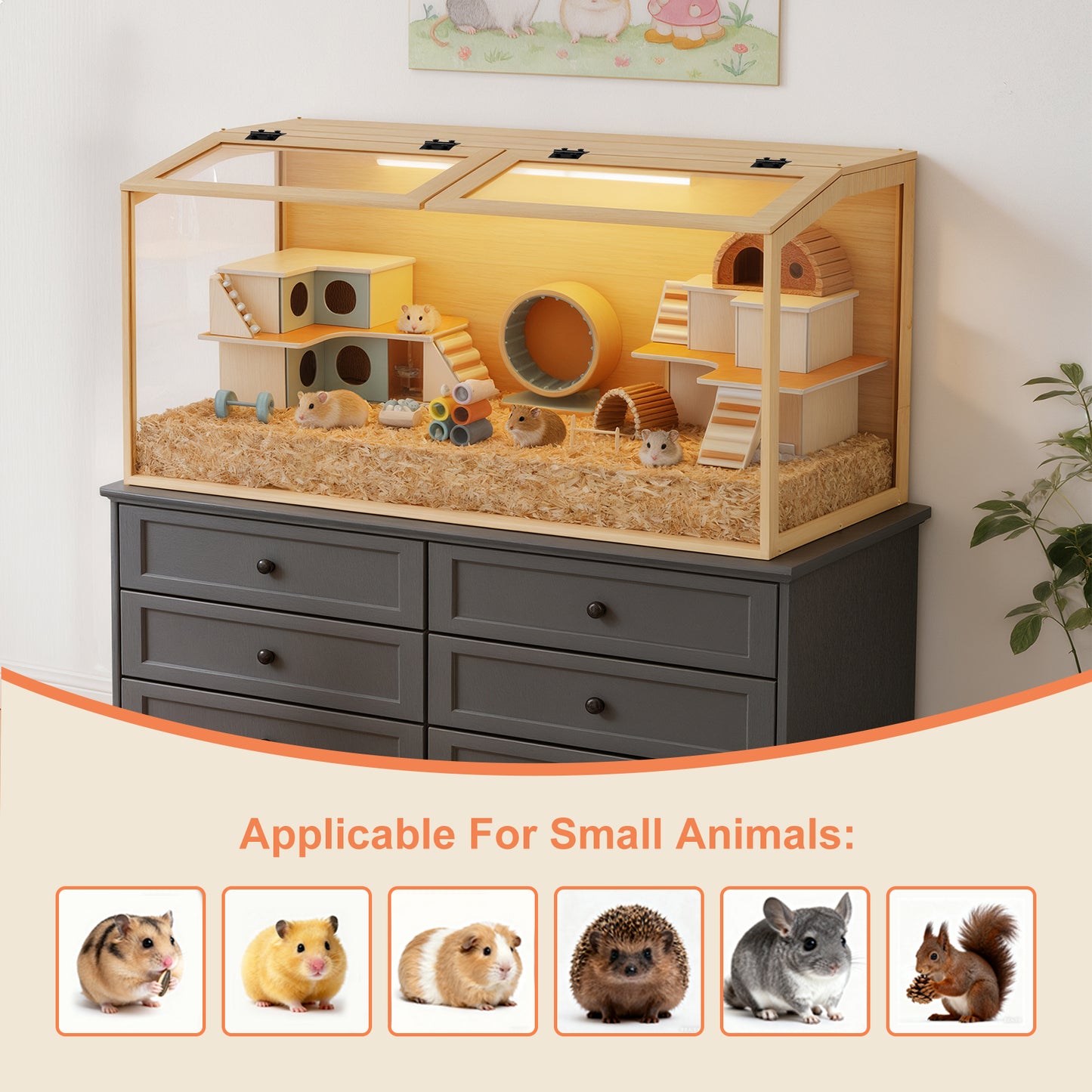 Tempered Glass Hamster Cage with LED Light, 40" Clear Small Animal Enclosure, Modern Wood Frame, Scratch Resistant, Deep Base for Burrowing