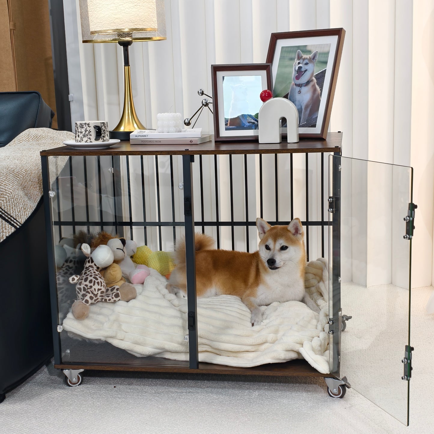2025 Dog Crate Furniture: Self-Innovative Furniture Style Tempered Glass Dog Cage w/ Side Table Iron Ventilated Bars, Anti-bite Pet Kennel Indoor