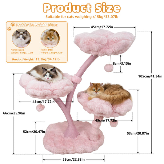 Indoor Cat Tower Tree Modern Pink Vertical Cat Tree Activity Center for Cats, Compact Multi-Level Cat Tree Furniture with Cushioned Flower Platforms, Scratching Trunk