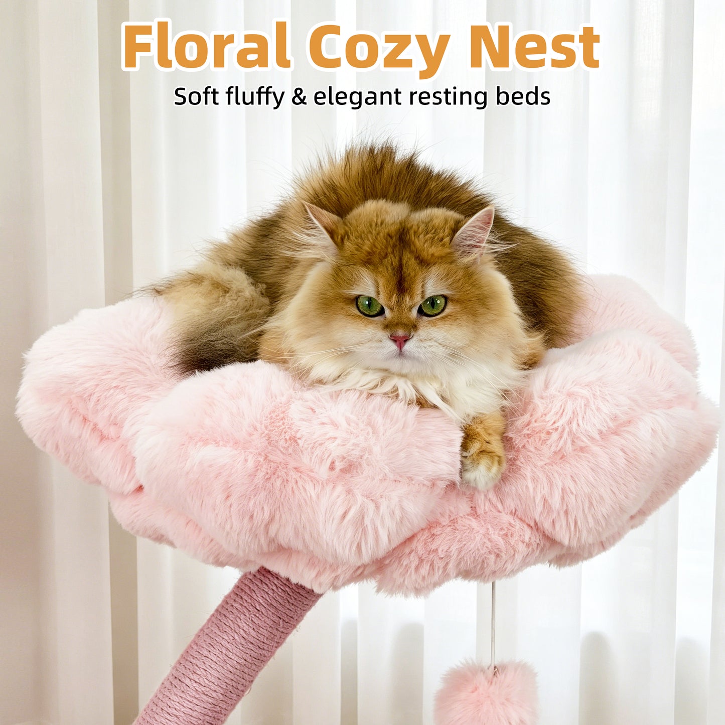 Indoor Cat Tower Tree Modern Pink Vertical Cat Tree Activity Center for Cats, Compact Multi-Level Cat Tree Furniture with Cushioned Flower Platforms, Scratching Trunk