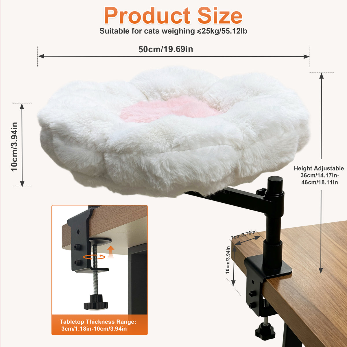 Cat Desk Bed: Elevated Desk Mount Cat Bed with Clamp-on, 360° Rotating & Height Adjustable Support Clamp, Padded Soft Flower Shaped Nest Bed for Kittens
