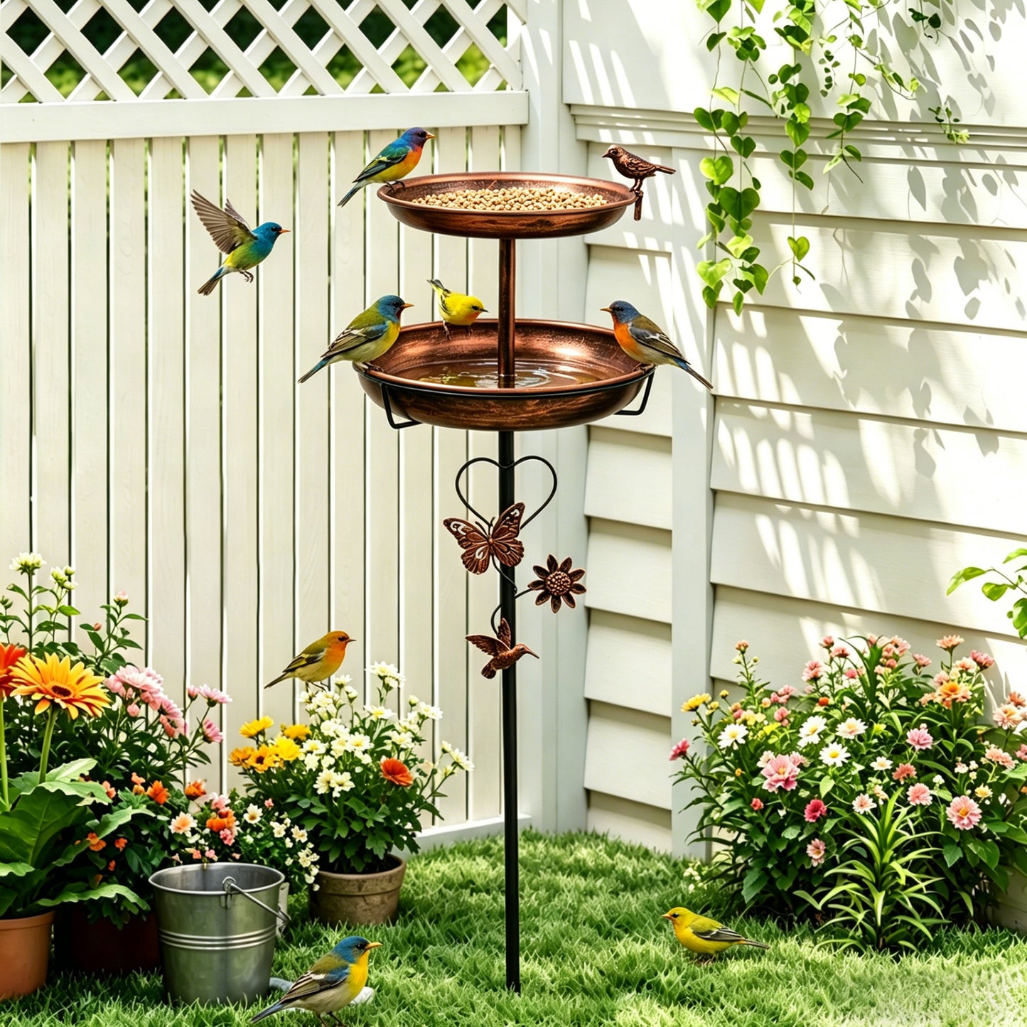 2 Tier Outdoor Bird Bath and Feeder, Decorative Standing Bird Bath for Outside Yard, Heavy Duty Garden Bird Feeder Station, Aged Bronze