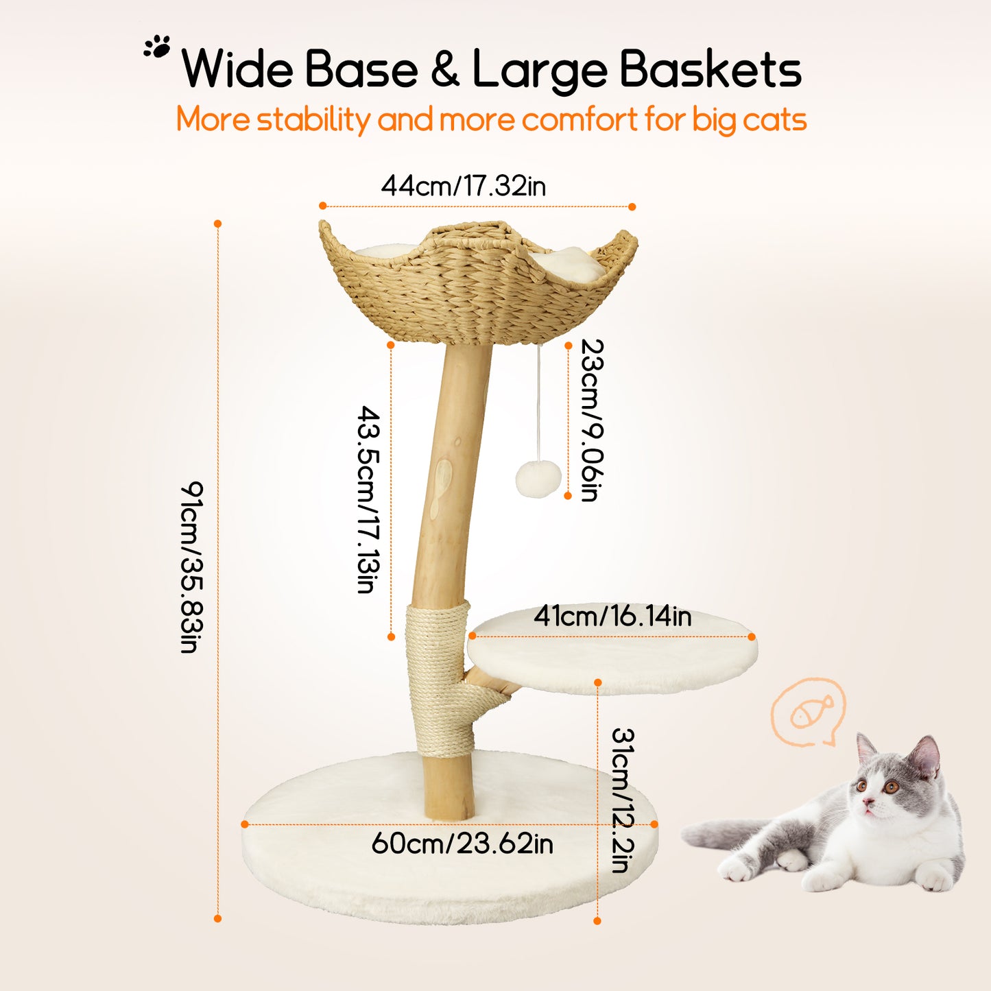 Solid Wood Cat Tree: Kitten Cat Tree Tree-like Activity Tower Center with Plush Cushion Cozy Rest Dangling Toy Ball Sisal Scratching Post for Indoor Cats