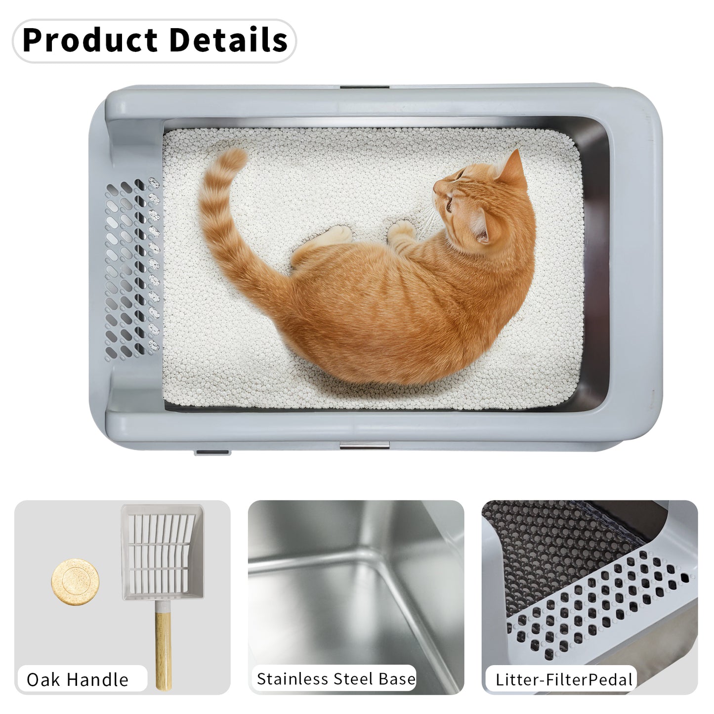 Stainless Steel Cat Litter Box High Sided Open Tray with Litter Mat for Kittens