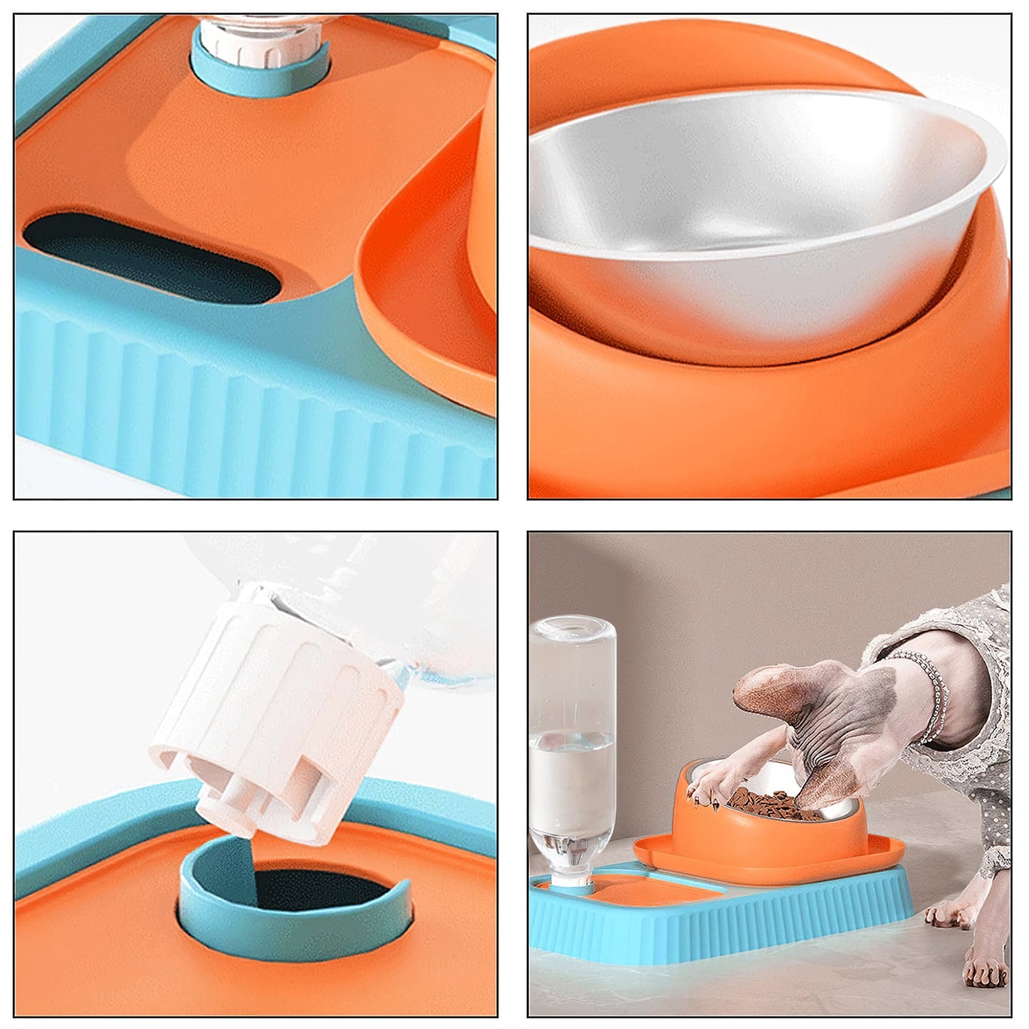 3 in 1 Pet Bowl: Stainless Steel Raised Cat Pet Food Bowls with Water Dispenser Slow Feeding Bowl for Cats Puppy Small Dogs