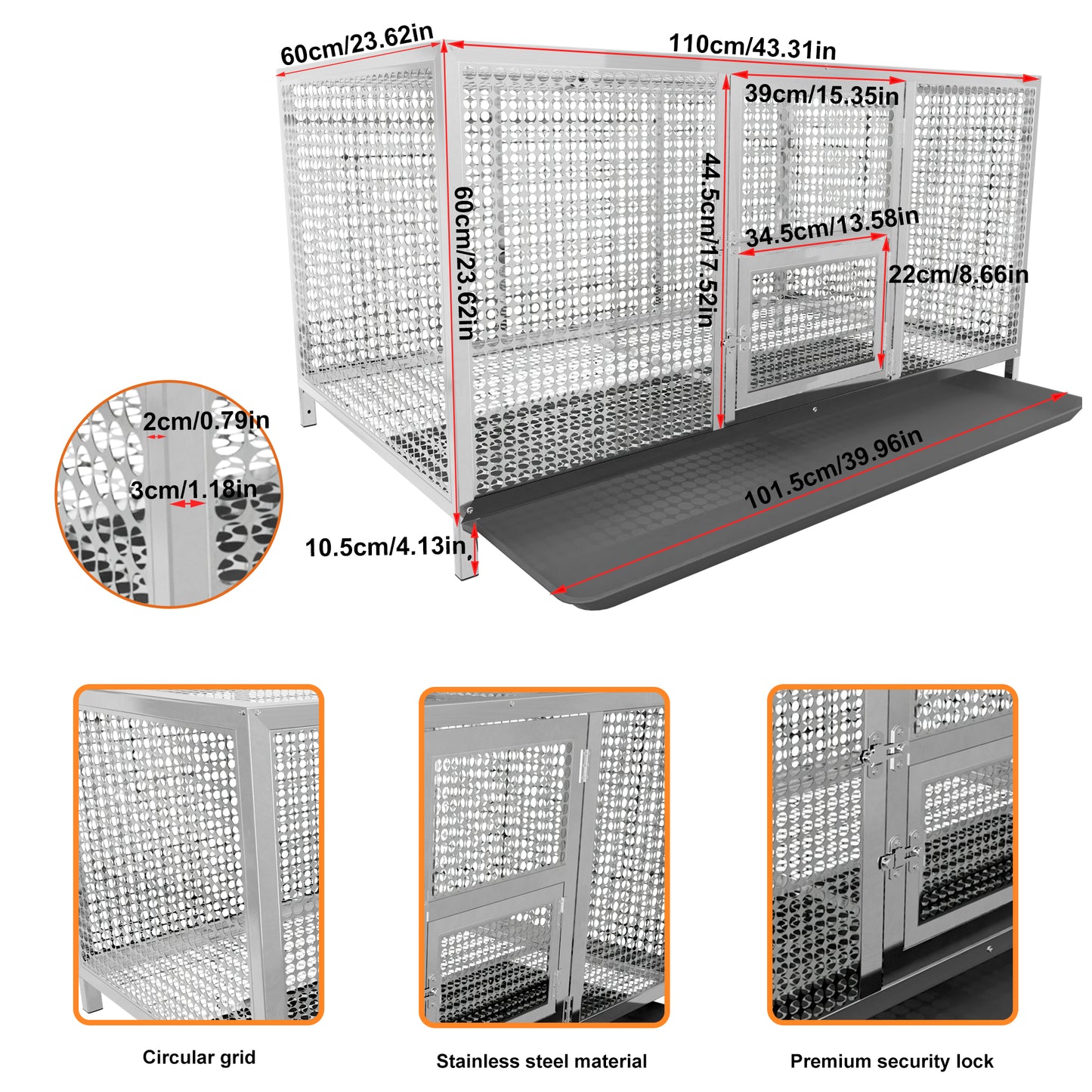 2025 Stainless Steel Chicken Coop, 43.3x23.6x23.6 Inch Elevated Metal Cage for Rabbits, Ducks, Pigeons, with Waterproof Cover