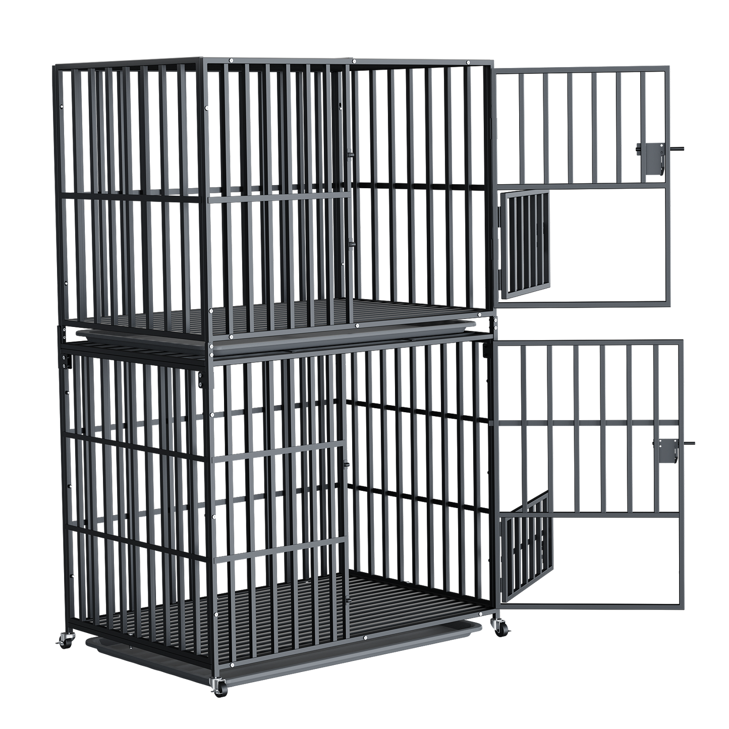 Stackable Dog Cage: Heavy Metal Dog Kennel Square Tube Cage with Double Layers Stackable Pet Crate w/ Casters, Removable Tray, Lock Latch