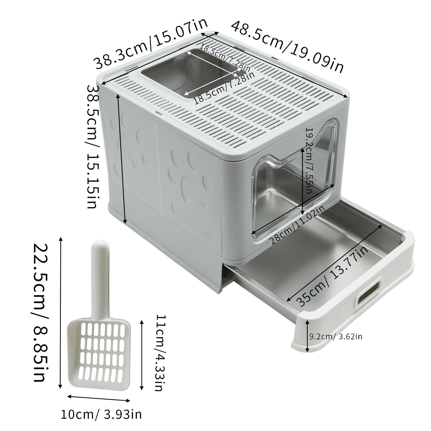 Stainless Steel Cat Litter Box w/ Scoop Enclosed Drawer Litter Box Odorless Gray