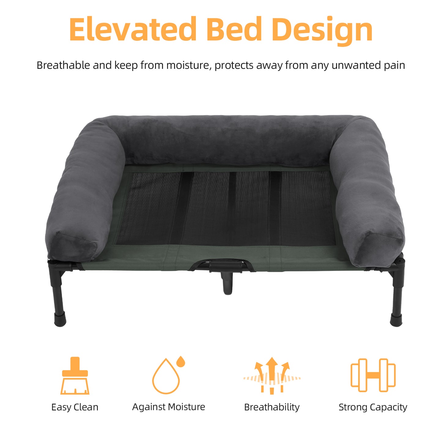 Elevated Dog Bed with Detachable Plush Bolster Outdoor Summer Cooling Raised Dogs Pet Lounger Bed Mesh Cot Bedding