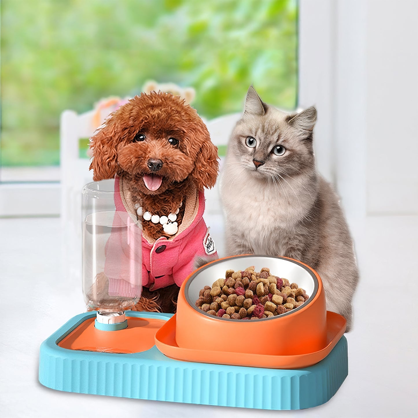 3 in 1 Pet Bowl: Stainless Steel Raised Cat Pet Food Bowls with Water Dispenser Slow Feeding Bowl for Cats Puppy Small Dogs
