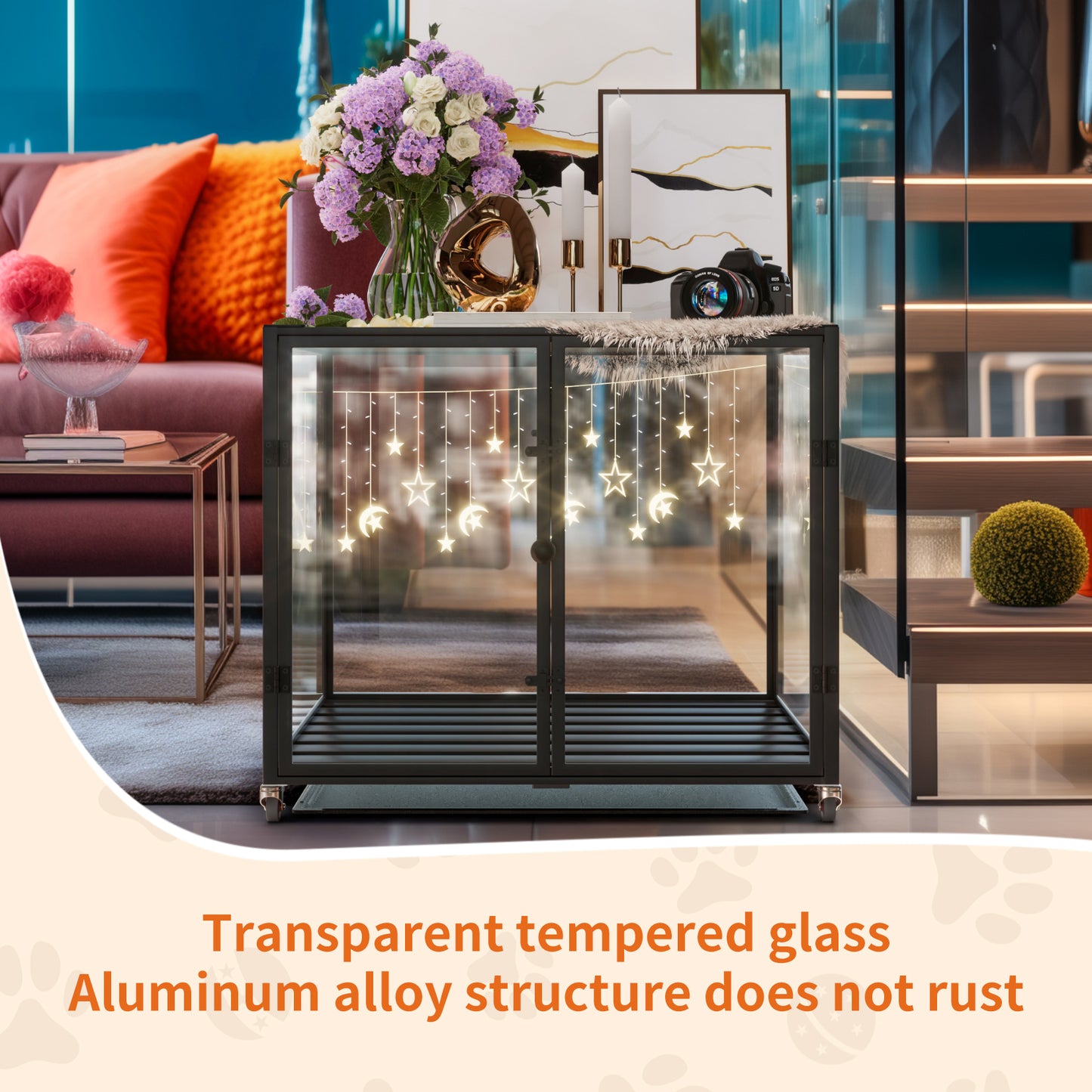 Self-Innovative Dog Cage: Bingopaw First Tempered Glass Dog Pet Cage Dog Kennel Aluminum Frame with Dual Doors and Removable Tray, for Medium to Large Dogs