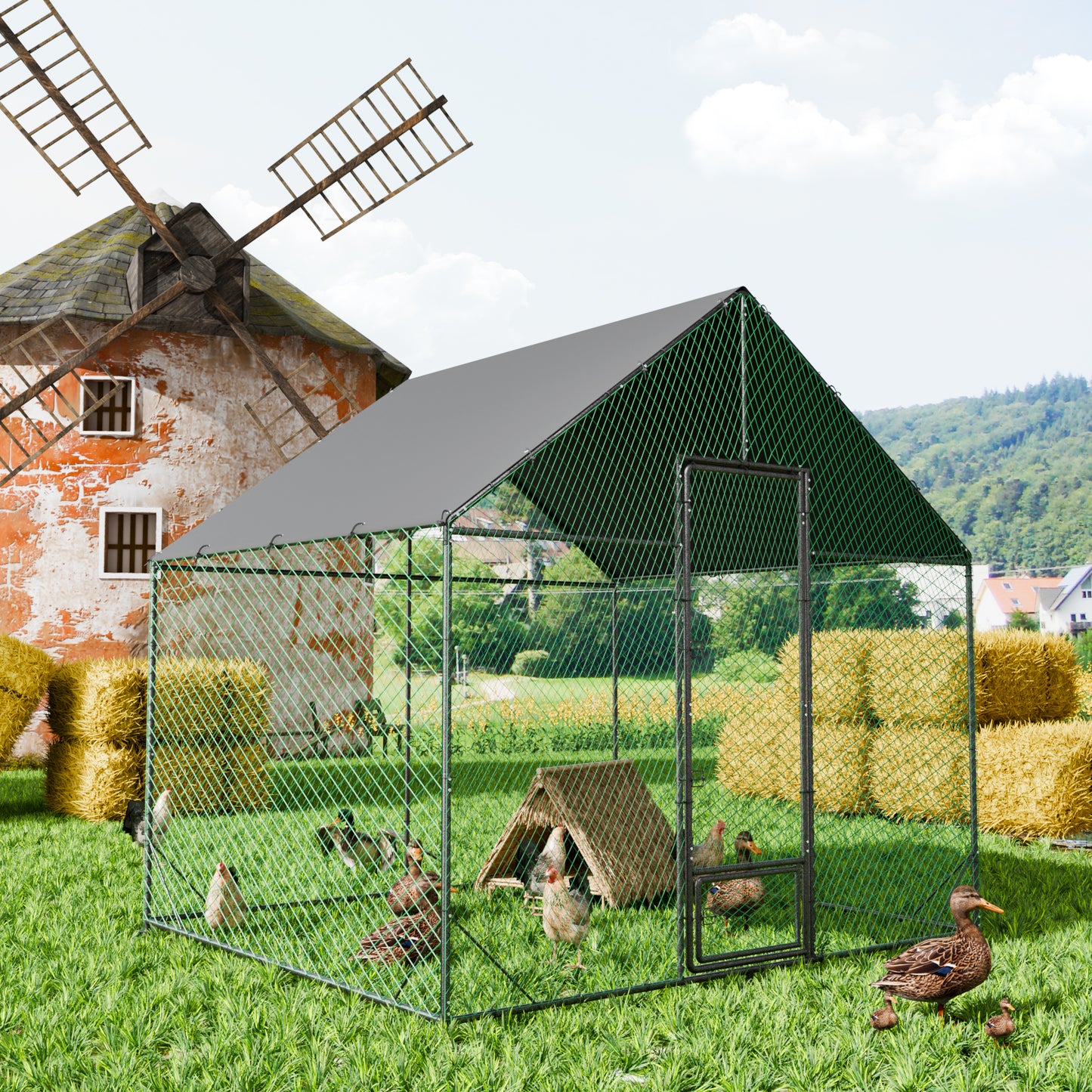 Large Outdoor Chicken Coop: Outdoor Metal Chicken Coop Walk-in Poultry Cage Run Cage with Silver Powder Coating Painted Tubes, Water Resistant Cover for Backyard