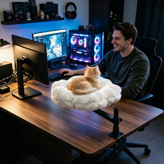Cat Desk Bed: Elevated Desk Mount Cat Bed with Clamp-on, 360° Rotating & Height Adjustable Support Clamp, Padded Soft Flower Shaped Nest Bed for Kittens