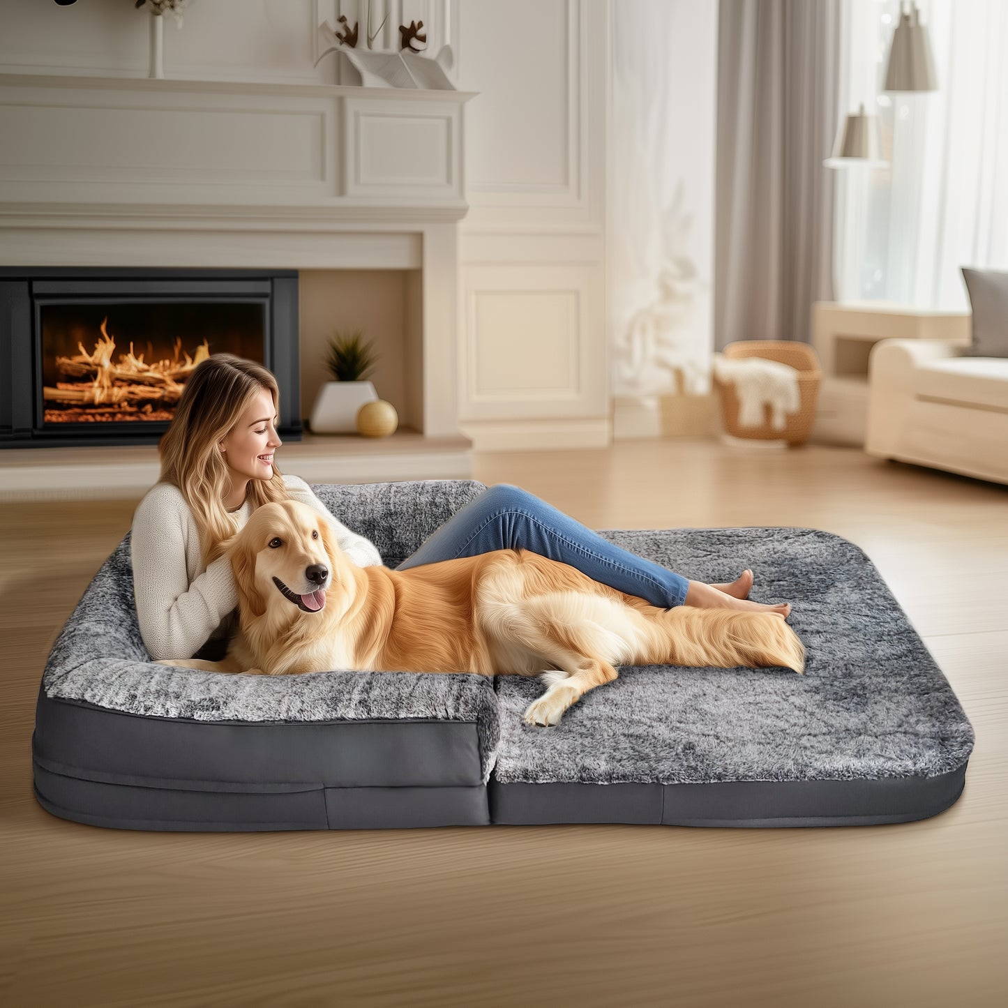 2025 Large Human Dog Bed with 10cm Thick Sponge, Giant Pet Bed with U Shape Pillow for Adult, Removable and Washable Cover Grey