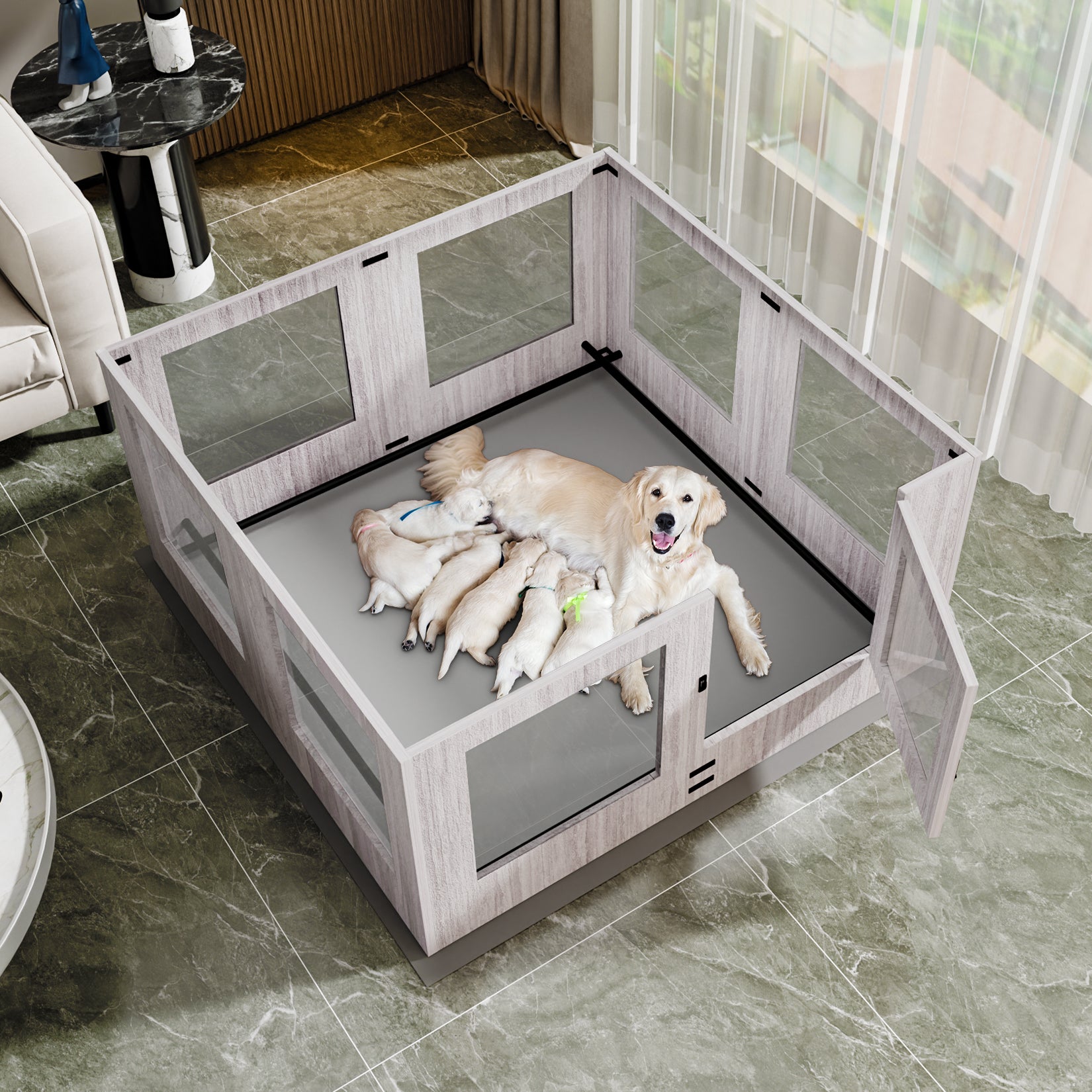 Tempered Glass Dog Playpen: Indoor Pet Whelping Pen Box Protective