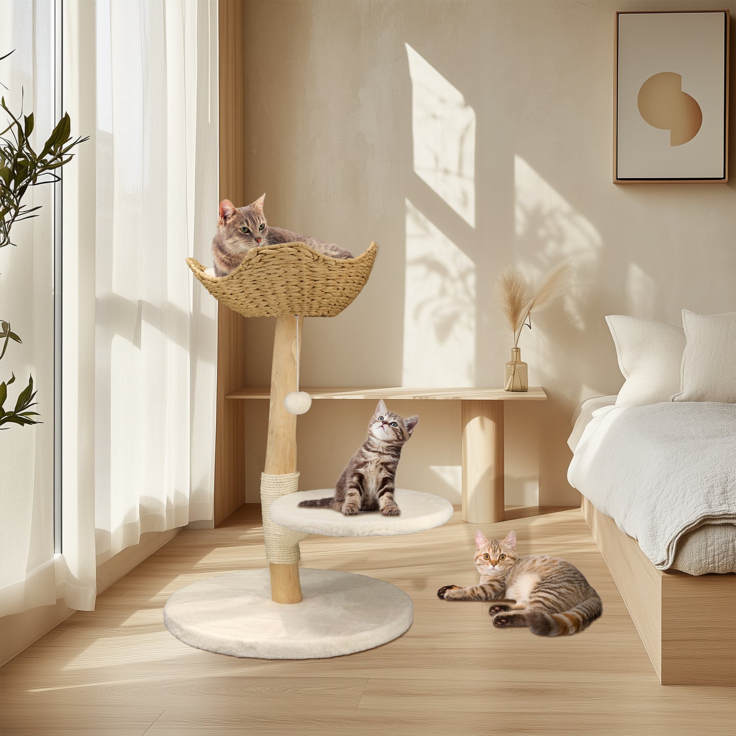 Solid Wood Cat Tree: Kitten Cat Tree Tree-like Activity Tower Center with Plush Cushion Cozy Rest Dangling Toy Ball Sisal Scratching Post for Indoor Cats