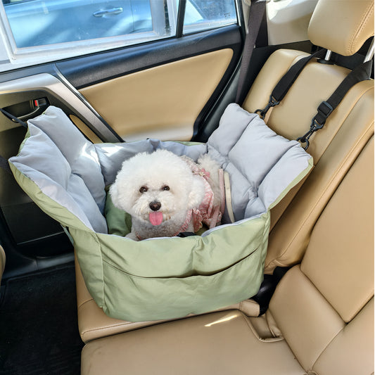 Puppy Travel Carrier Bed: Dog Booster Car Seat Pet Travel Carrier Bed with Safety Belt, Storage Pocket for Vehicles, Shoulder Strap/ Handle