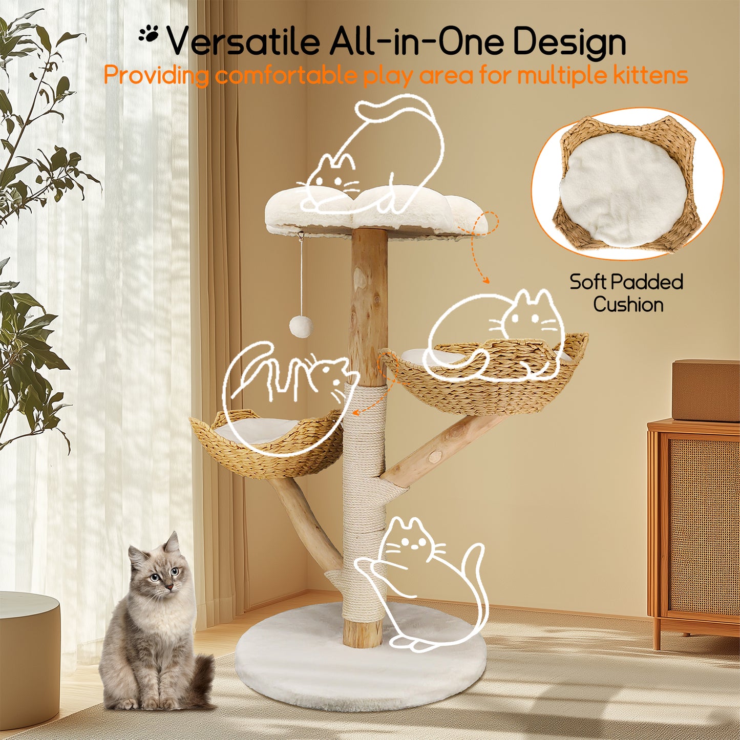 Cat Climbing Tree: Modern Cat Tree Activity Tower with Plush Cushion Sisal Scratching Post Cozy Kitten Play House for Multiple Cats