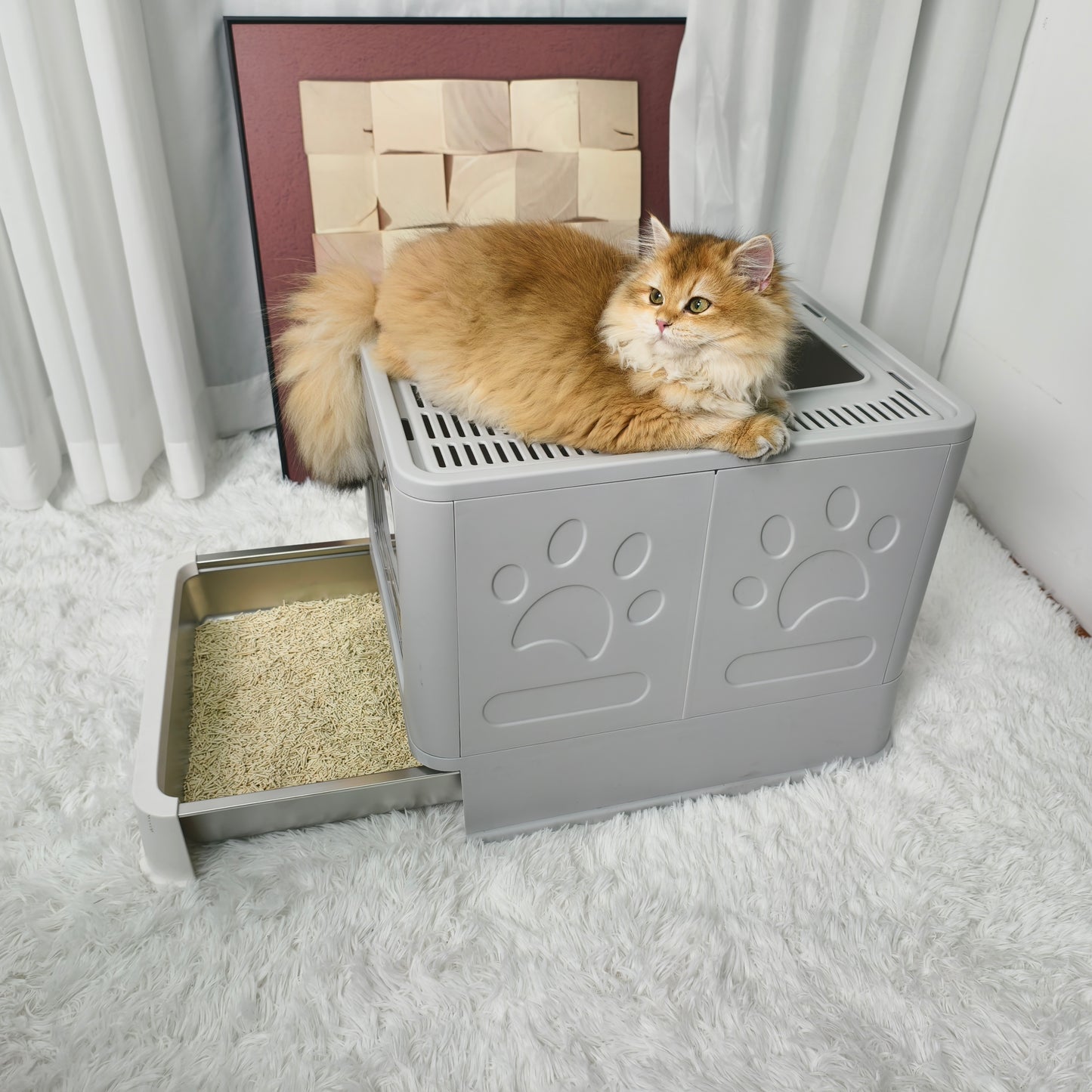 Stainless Steel Cat Litter Box w/ Scoop Enclosed Drawer Litter Box Odorless Gray