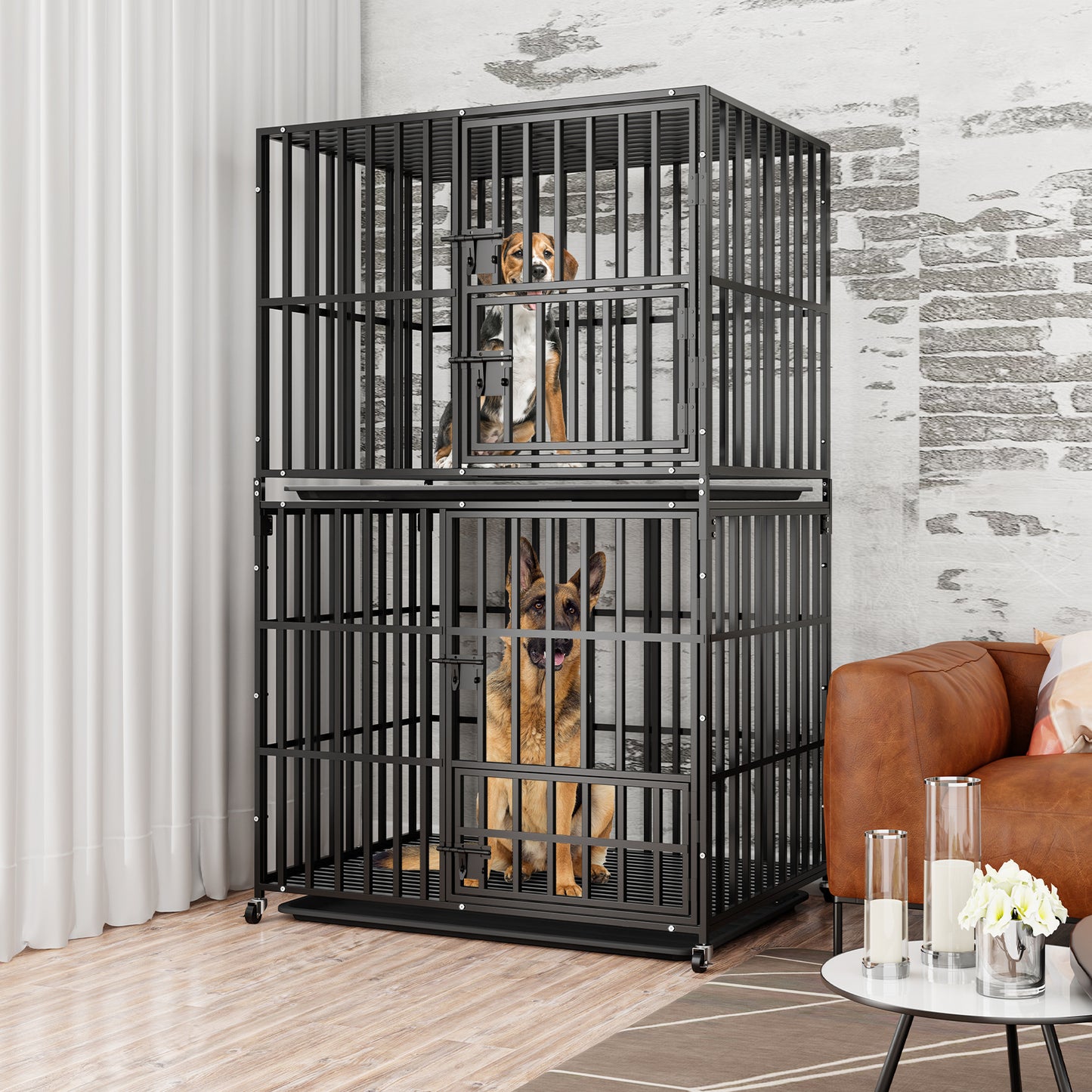 Stackable Dog Cage: Heavy Metal Dog Kennel Square Tube Cage with Double Layers Stackable Pet Crate w/ Casters, Removable Tray, Lock Latch