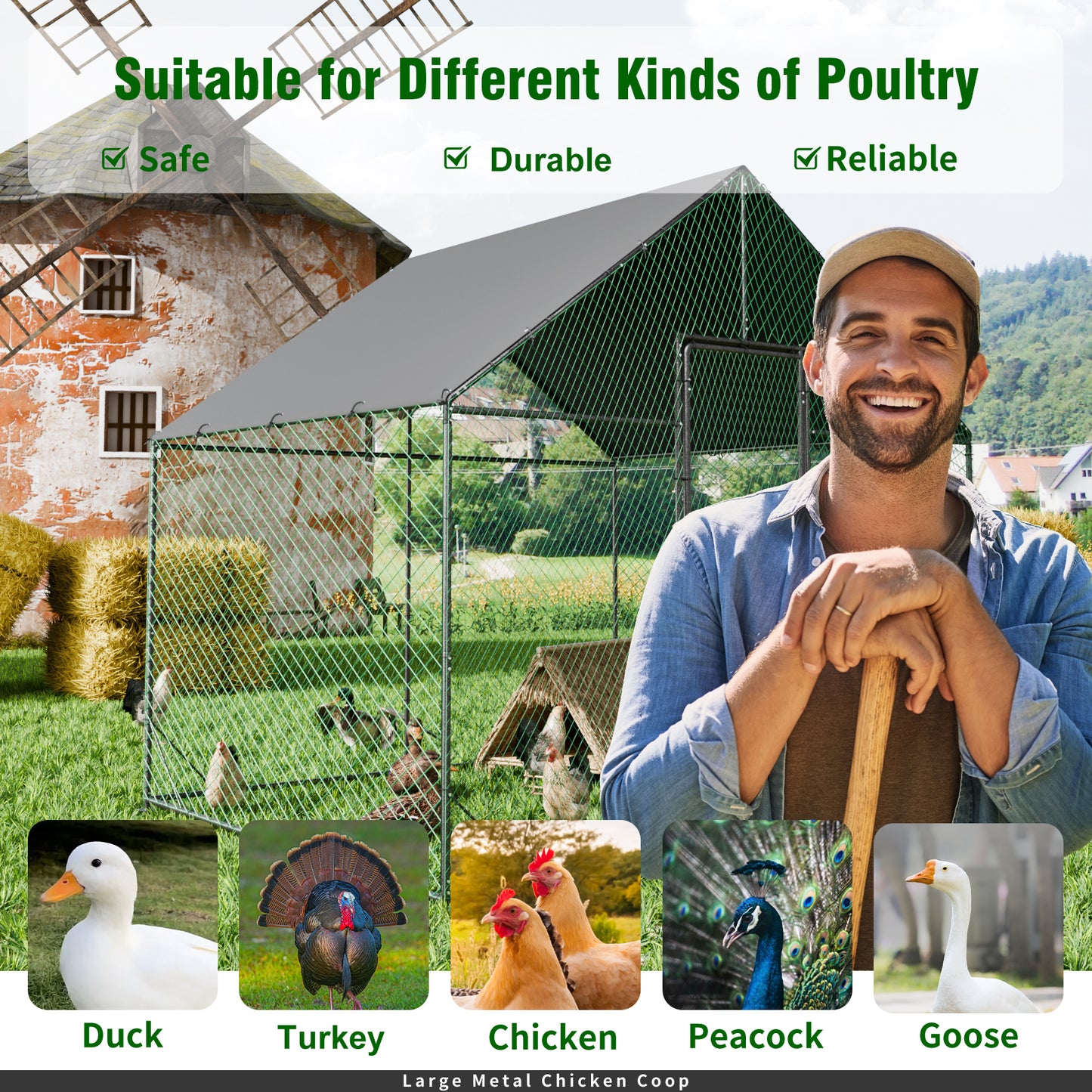 Large Outdoor Chicken Coop: Outdoor Metal Chicken Coop Walk-in Poultry Cage Run Cage with Silver Powder Coating Painted Tubes, Water Resistant Cover for Backyard
