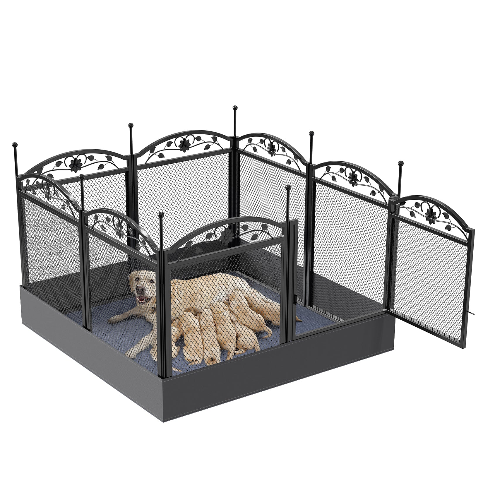Heavy duty metal playpen, also can be a dog crate, dog fence for yard. The pen is see-through so your dogs can still see you and reduce their anxiety. Also giving your puppies room to explore and play safely. Very useful when you need train your puppies or you are busy around the house.