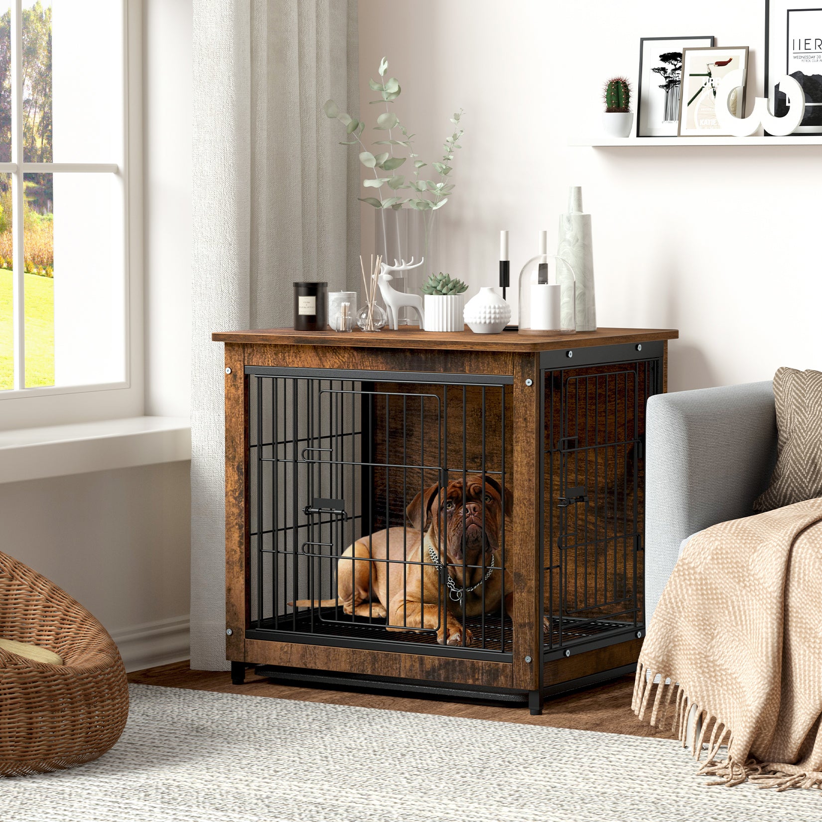Furniture Dog Cage End Table Wooden Crate Double Door Tray
