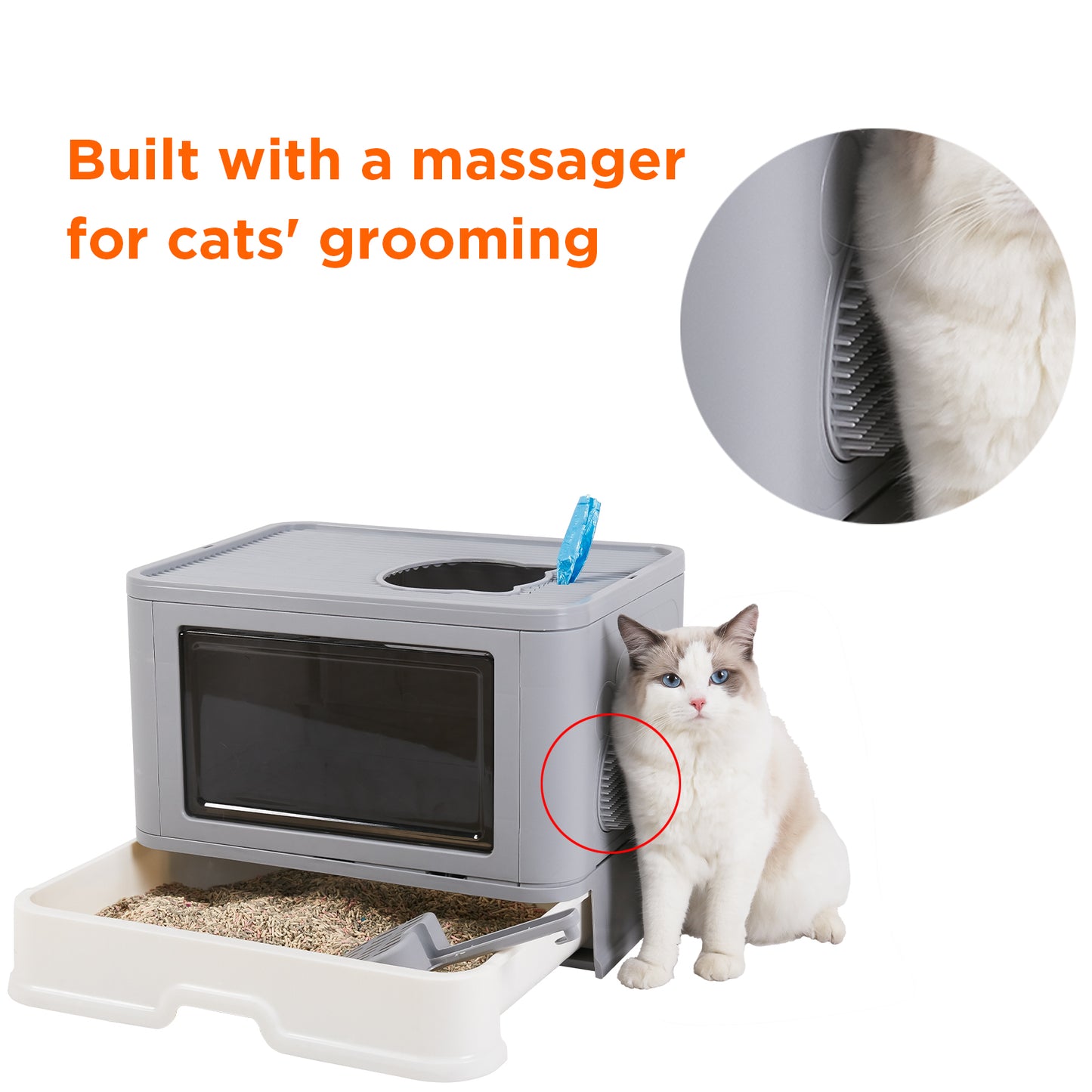 Enclosed Cat Litter Box Front Entry & Top Exit Toilet Boxes Litter Tray Drawer With Massager Litter Scoop for Kittens, Detachable Design