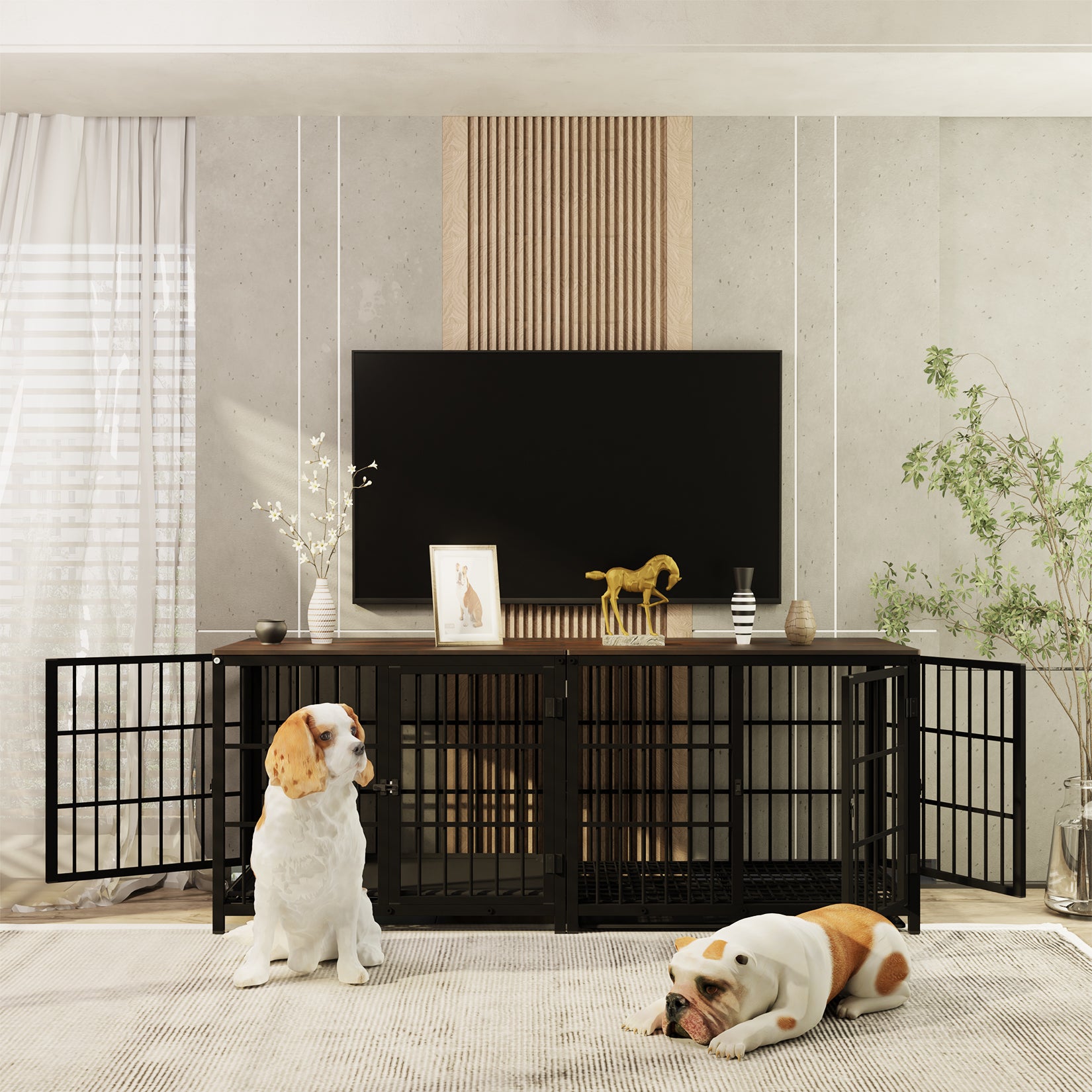BINGOPAW Furniture Style Wooden Dog Crate Pet Kennel End Table with Three Doors and Tray