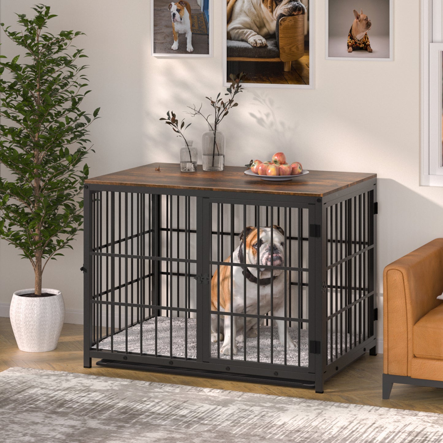 BINGOPAW Furniture Style Wooden Dog Crate Pet Kennel End Table with Three Doors and Tray