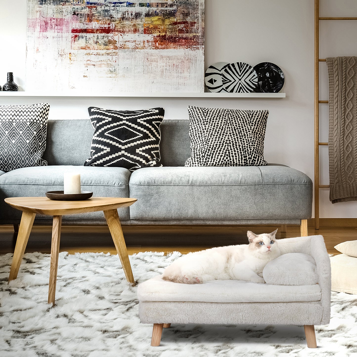 L Shape Cat Sofa Bed Wood Legs with Cushion Mat Pillow Chaise Stool