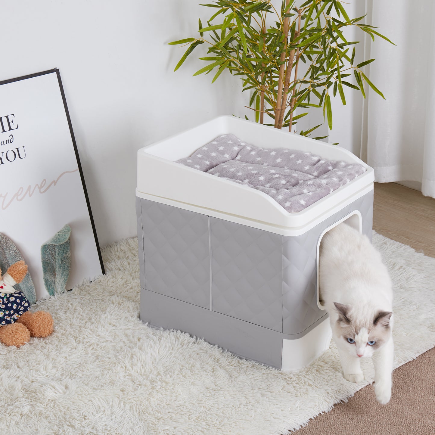 Detachable Cat Litter Box Furniture Top Front-entry Litter Box with Cushion Mat