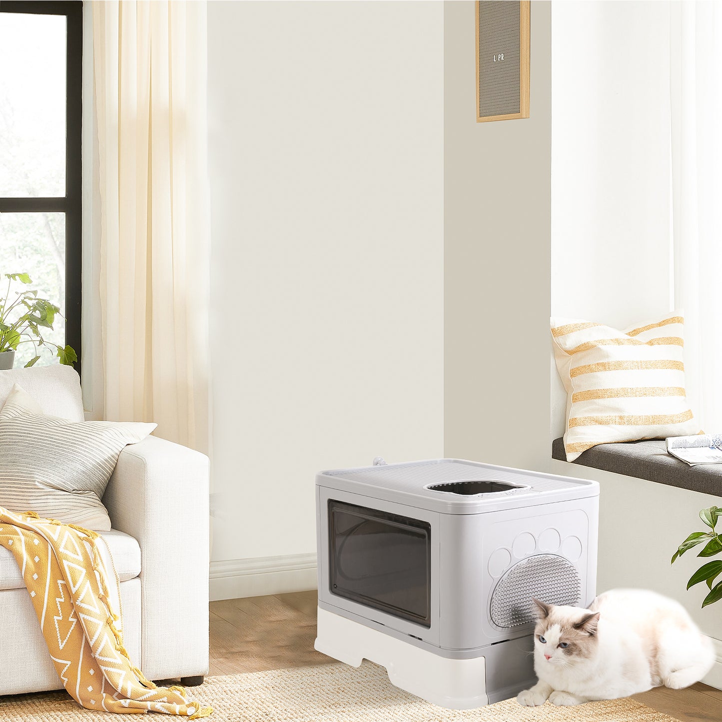 Enclosed Cat Litter Box Front Entry & Top Exit Toilet Boxes Litter Tray Drawer With Massager Litter Scoop for Kittens, Detachable Design
