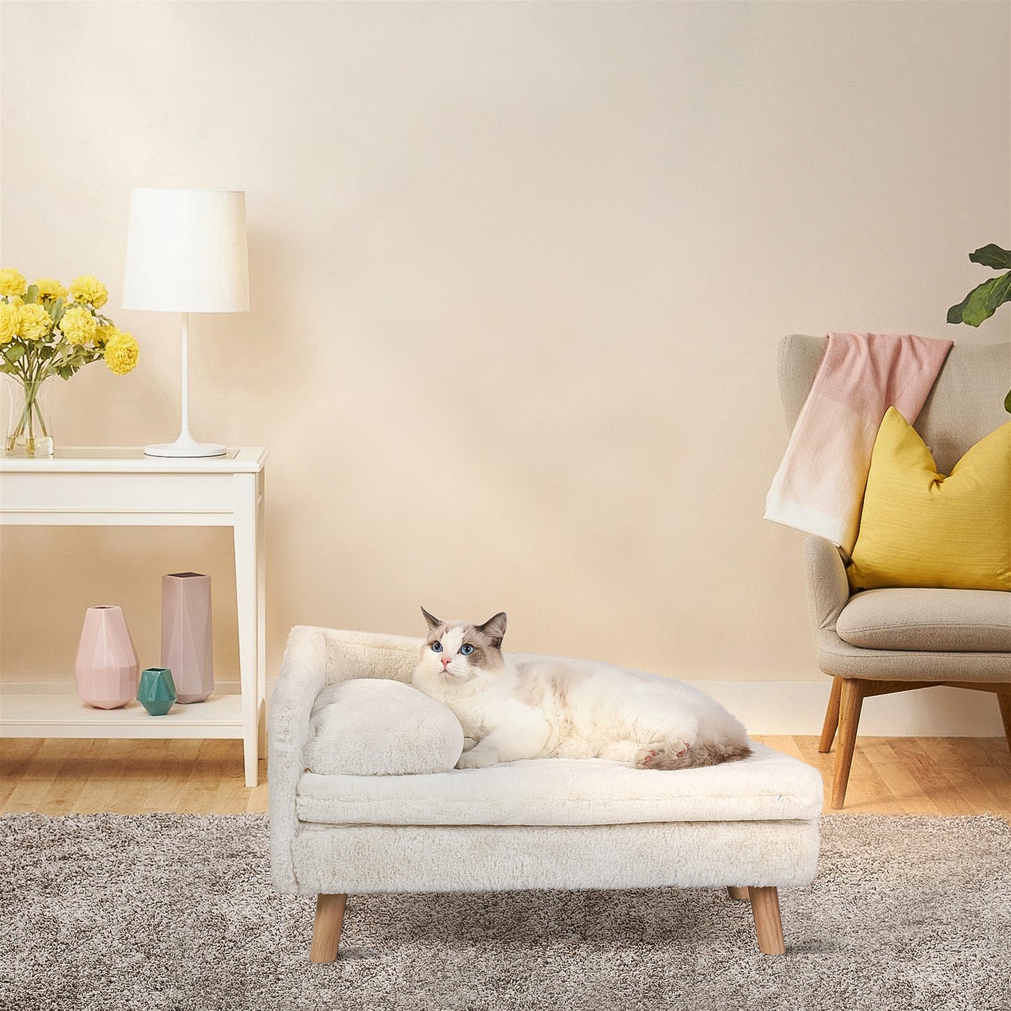 L Shape Cat Sofa Bed Wood Legs with Cushion Mat Pillow Chaise Stool