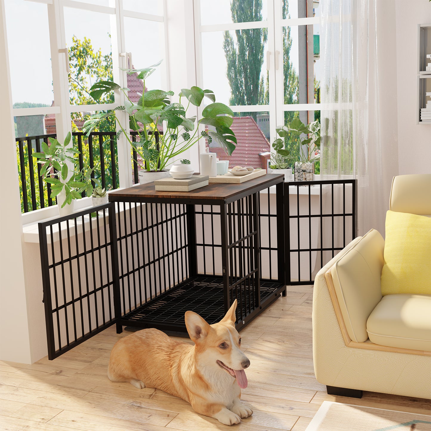 BINGOPAW Furniture Style Wooden Dog Crate Pet Kennel End Table with Three Doors and Tray