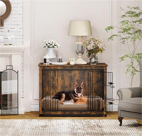 Furniture Dog Cage End Table Wooden Crate Double Door & Tray