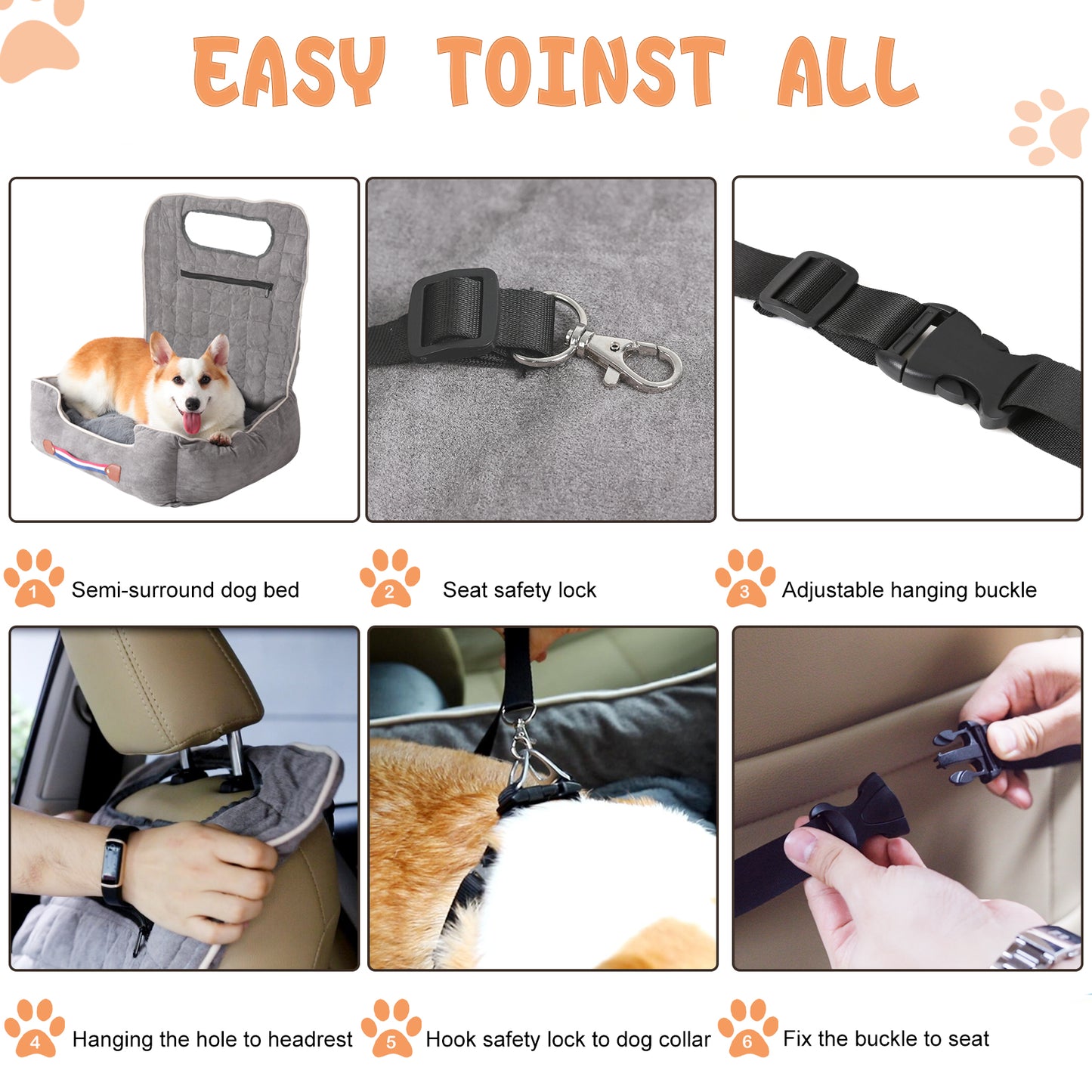 Soft Dog Car Seat Safe Anti-Slip Travel Portable Dog Booster with Pockets