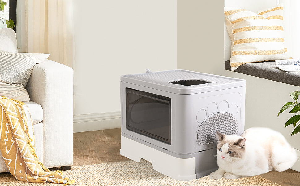 Enclosed Cat Litter Box Front Entry & Top Exit Toilet Boxes Litter Tray Drawer With Massager Litter Scoop for Kittens, Detachable Design