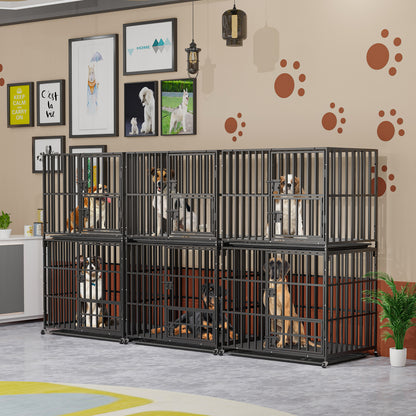 Stackable Dog Cage: Heavy Metal Dog Kennel Square Tube Cage with Double Layers Stackable Pet Crate w/ Casters, Removable Tray, Lock Latch