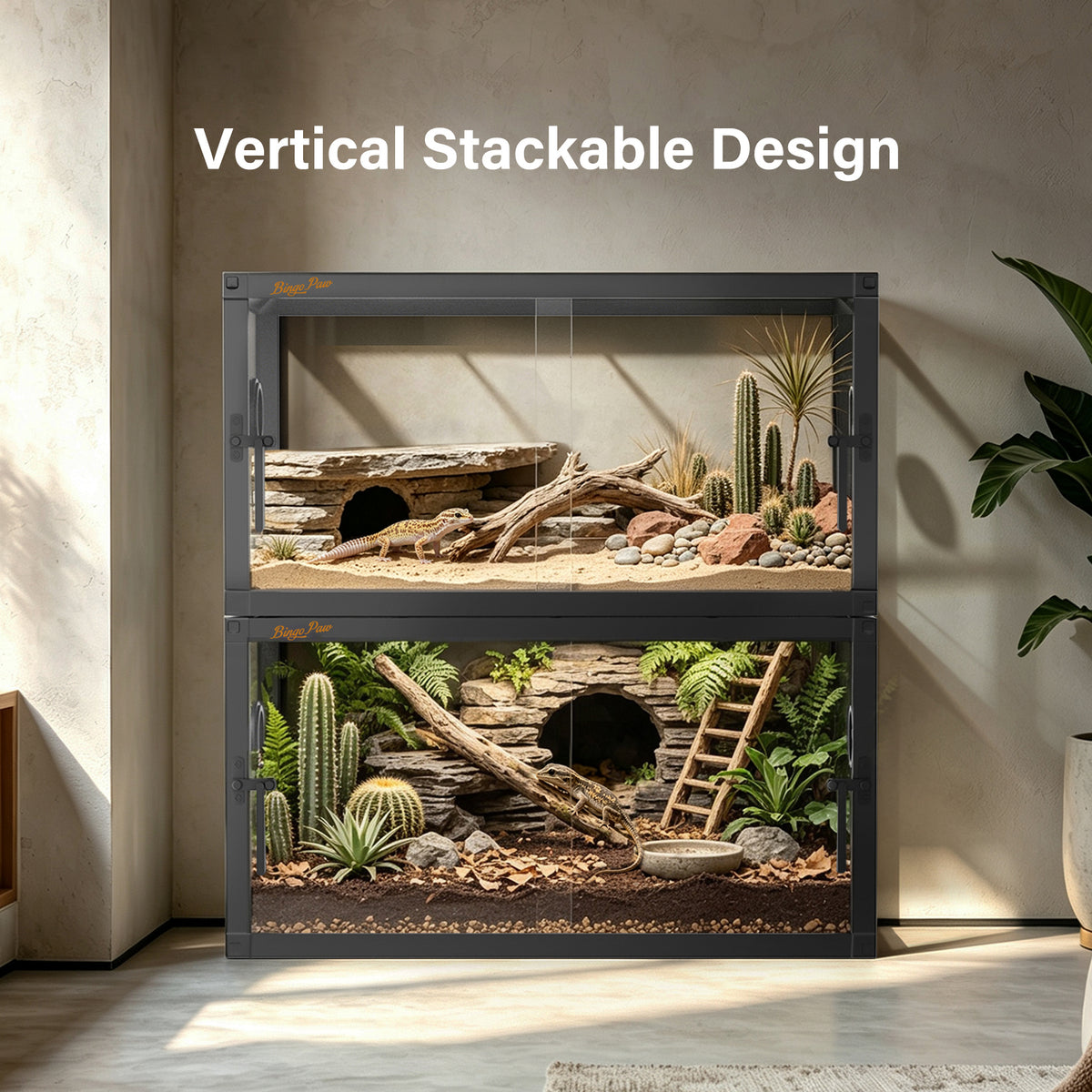 Glass Reptile Tank with Front Opening Doors, Large Stackable Reptile Enclosure for Bearded Dragons, Leak-proof Base and Top Mesh Cover